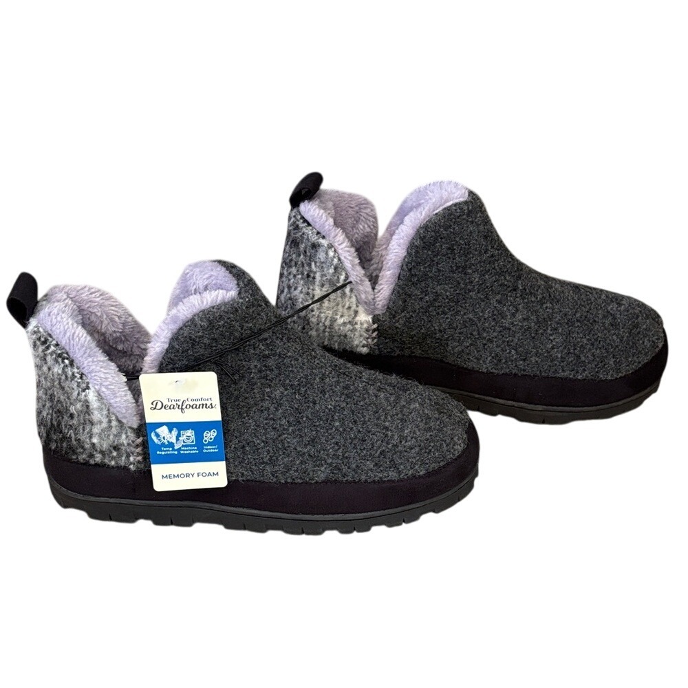 Dearfoams True Comfort Women's SZ 9-10 Charcoal & Black w/Purple Slipper Booties